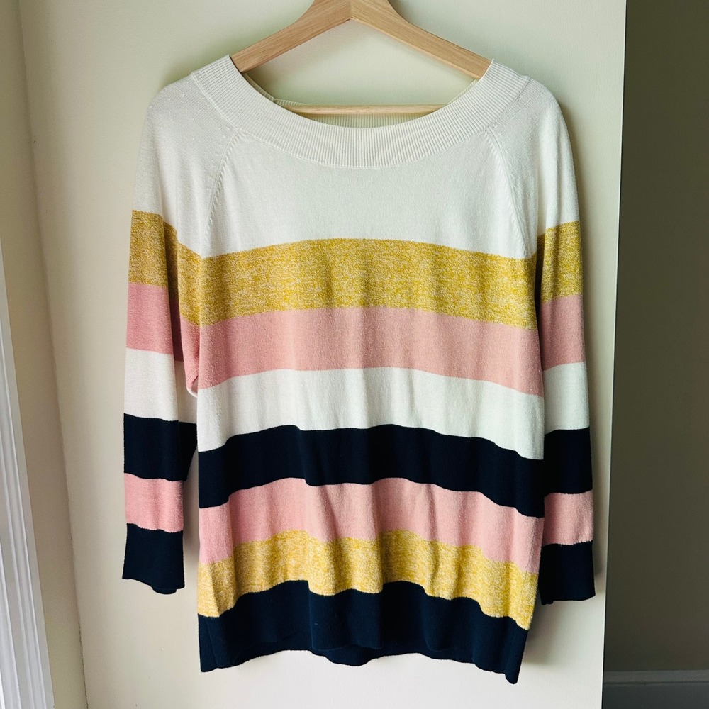 Loft Outlet Womens Striped Boat‎ Neck Sweater Pink Yellow Navy White Large